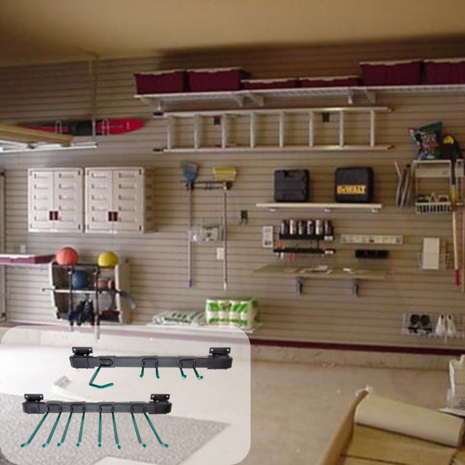 Industrial Grade 48" Garage Tool Organizer with 6 Hooks and 1 Cart/Bike Rack, 500 lbs. Total Holding Weight Industrial Grade 48" Garage Tool Organizer with 6 Hooks and 1 Cart/Bike Rack, 500 lbs. Total Holding Weight 7